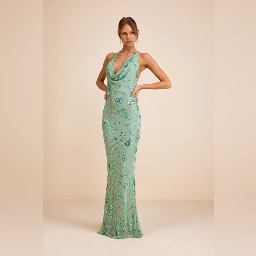 NWT Lulus Elegant Green Beaded Sequin Halter Neck Open Back Maxi Dress
